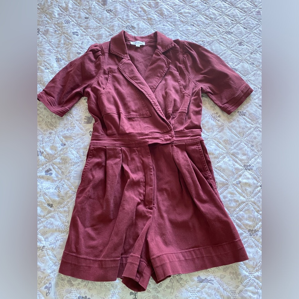 Womens Burgundy Short Sleeve Romper Jumpsuit